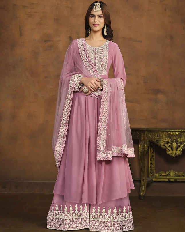 Carnation Pink Faux Georgette Embroidered Palazzo Kameez