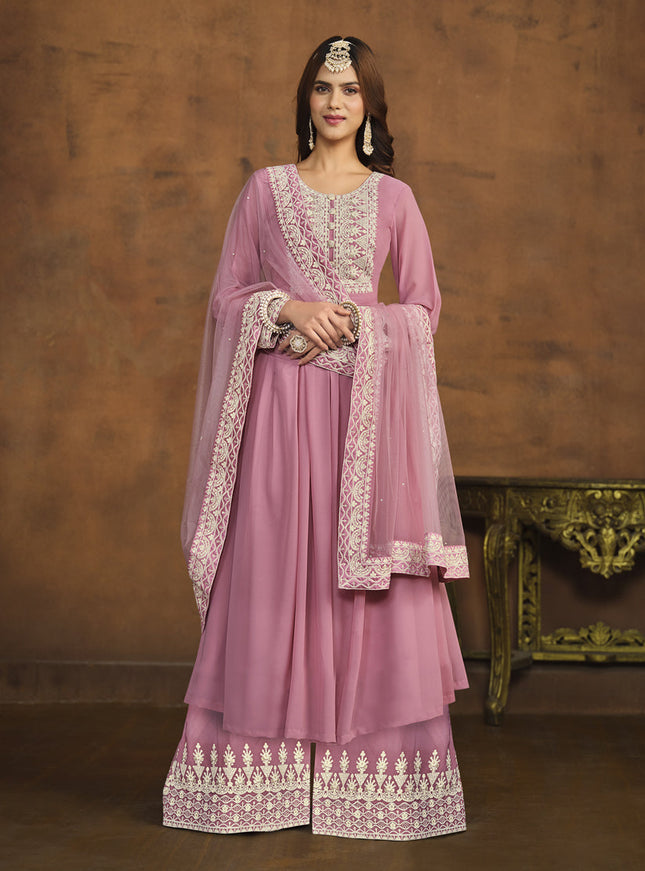 Carnation Pink Faux Georgette Embroidered Palazzo Kameez
