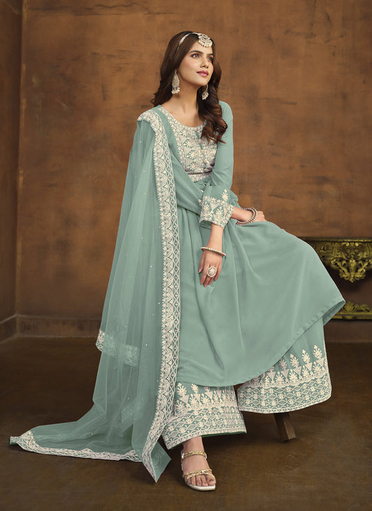 Mint Blue Faux Georgette Embroidered Palazzo Kameez