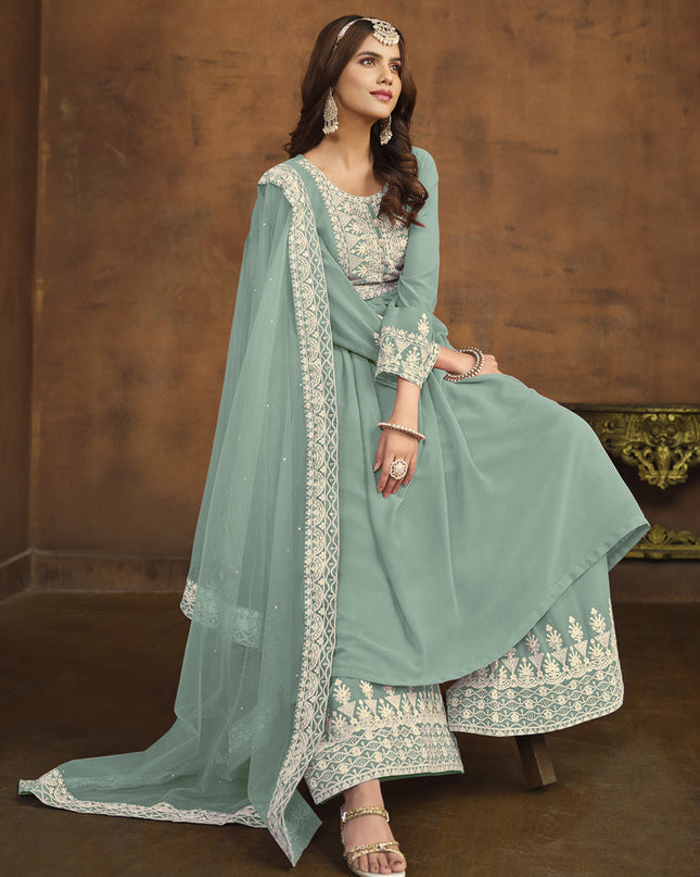 Mint Blue Faux Georgette Embroidered Palazzo Kameez