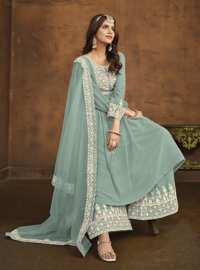 Mint Blue Faux Georgette Embroidered Palazzo Kameez