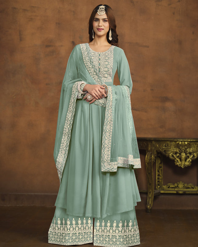 Mint Blue Faux Georgette Embroidered Palazzo Kameez