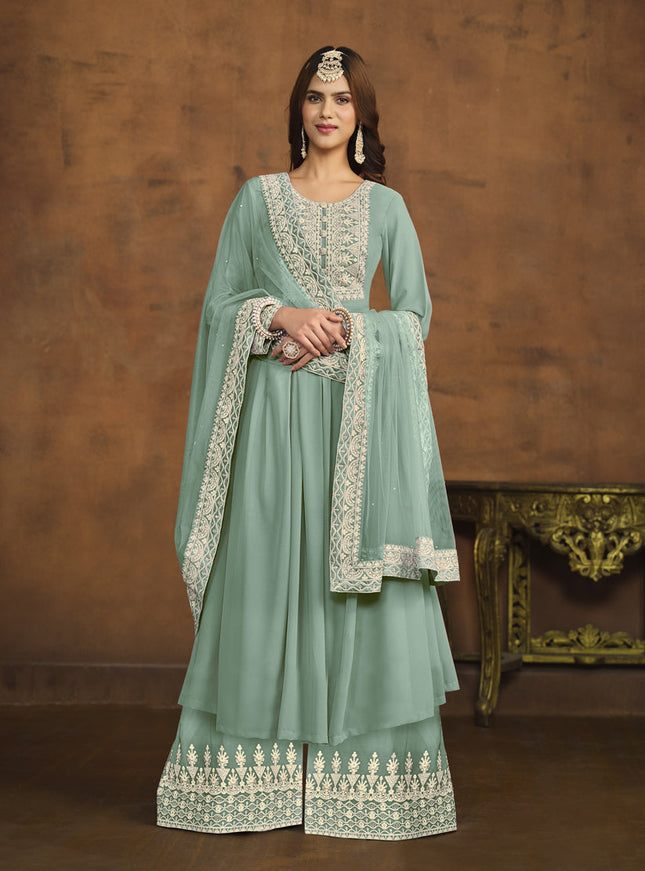 Mint Blue Faux Georgette Embroidered Palazzo Kameez