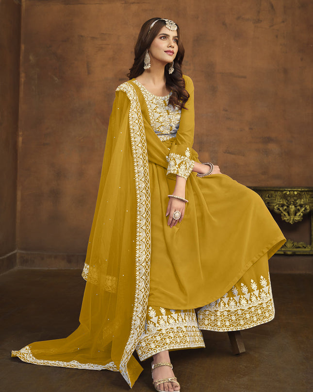 Mustard Faux Georgette Embroidered Palazzo Kameez