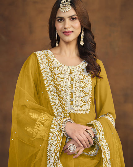 Mustard Faux Georgette Embroidered Palazzo Kameez