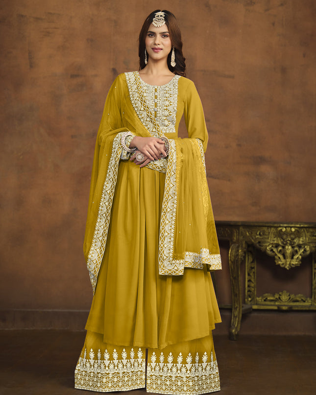 Mustard Faux Georgette Embroidered Palazzo Kameez