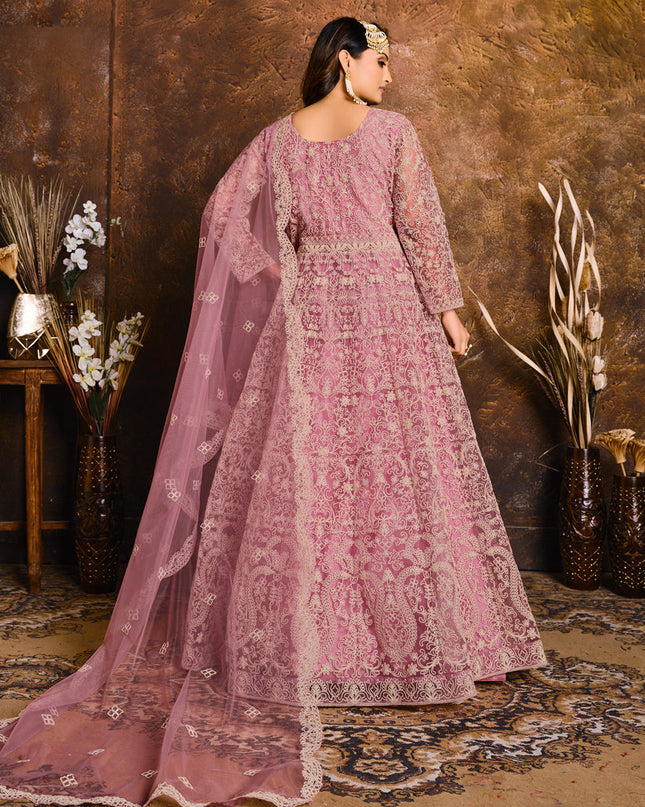Carnation Pink Net Embroidered Designer Anarkali Suit