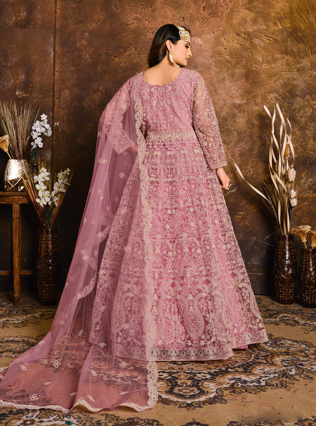 Carnation Pink Net Embroidered Designer Anarkali Suit