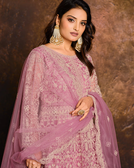 Carnation Pink Net Embroidered Designer Anarkali Suit