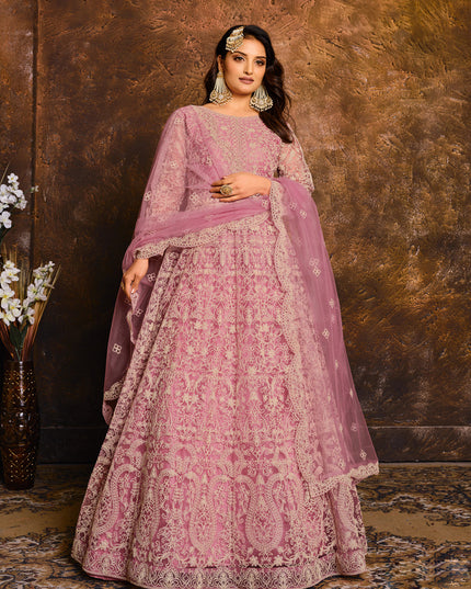 Carnation Pink Net Embroidered Designer Anarkali Suit