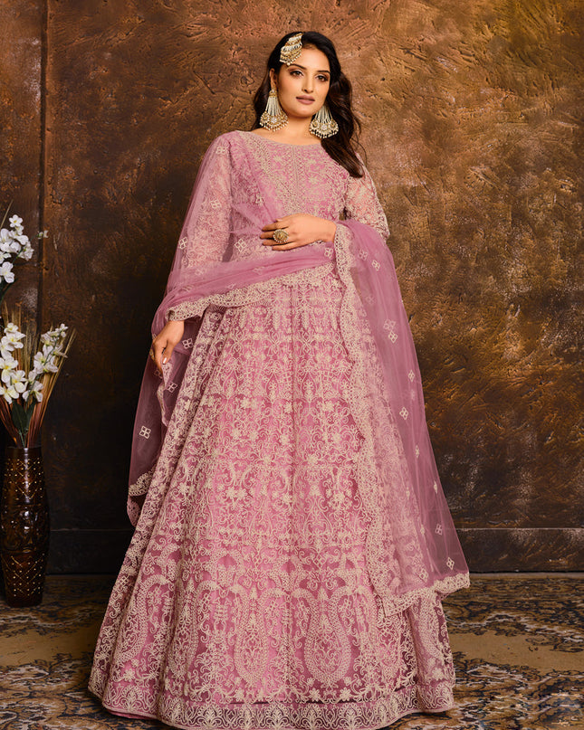 Carnation Pink Net Embroidered Designer Anarkali Suit