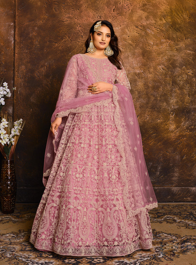 Carnation Pink Net Embroidered Designer Anarkali Suit