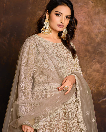 Dusty Grey Net Embroidered Designer Anarkali Suit