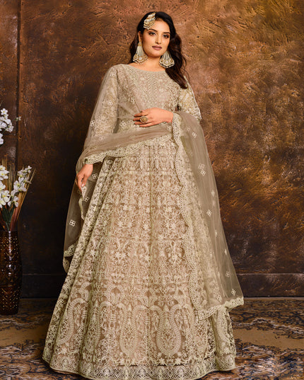 Dusty Grey Net Embroidered Designer Anarkali Suit