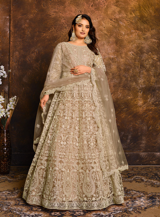 Dusty Grey Net Embroidered Designer Anarkali Suit