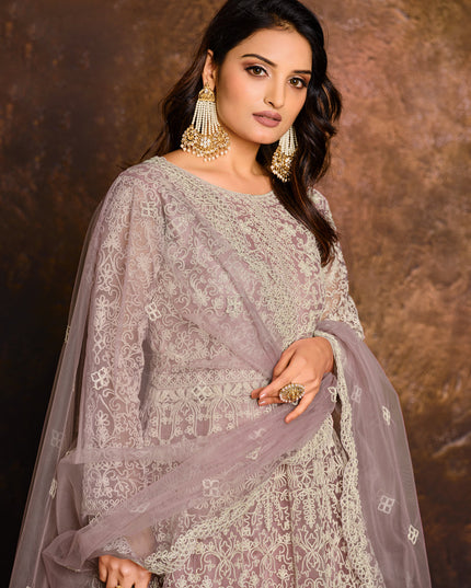 Lilac Net Embroidered Designer Anarkali Suit