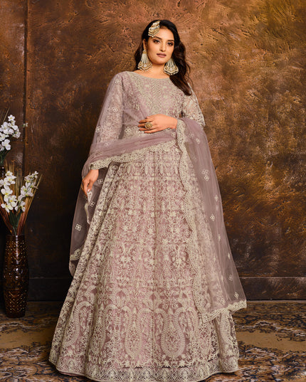 Lilac Net Embroidered Designer Anarkali Suit