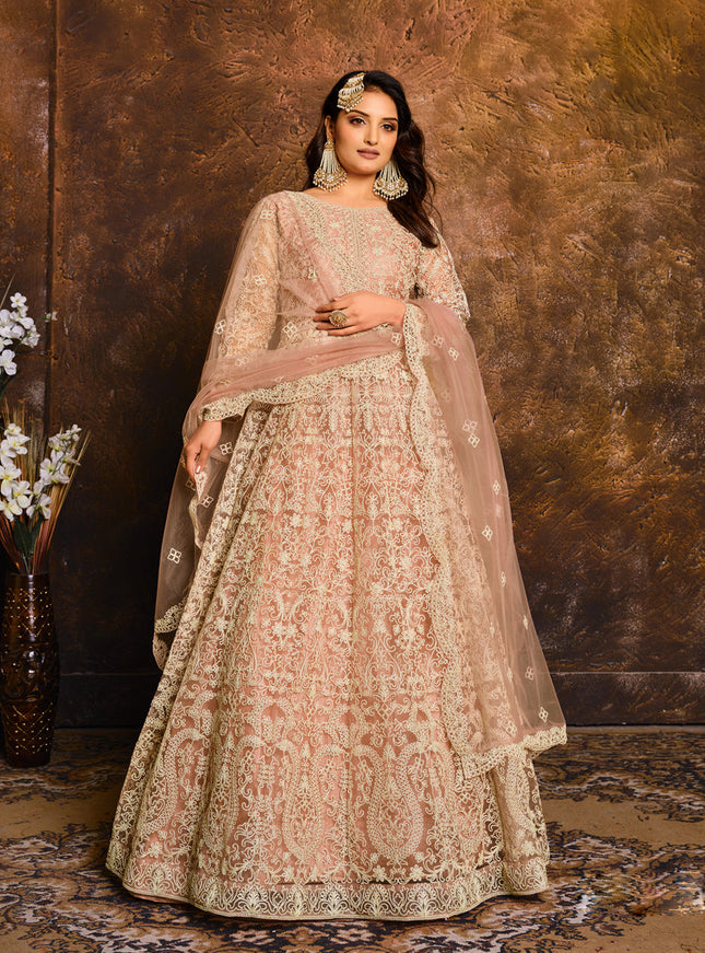 Blush Pink Net Embroidered Designer Anarkali Suit