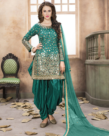 Rama Green Mirror Work Patiala Suit