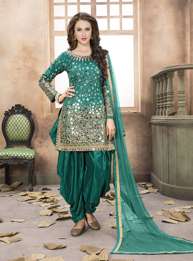 Rama Green Mirror Work Patiala Suit