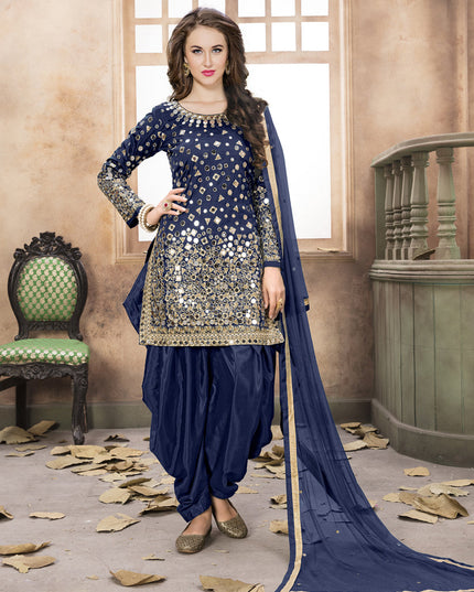 Navy Blue Mirror Work Patiala Suit