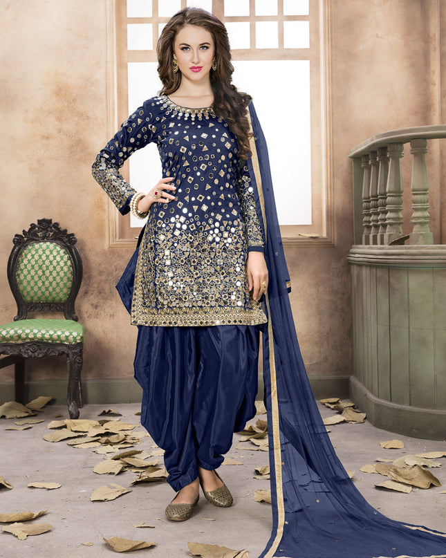 Navy Blue Mirror Work Patiala Suit
