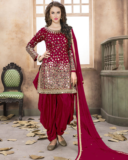 Cherry Red Mirror Work Patiala Suit