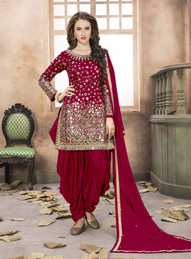 Cherry Red Mirror Work Patiala Suit