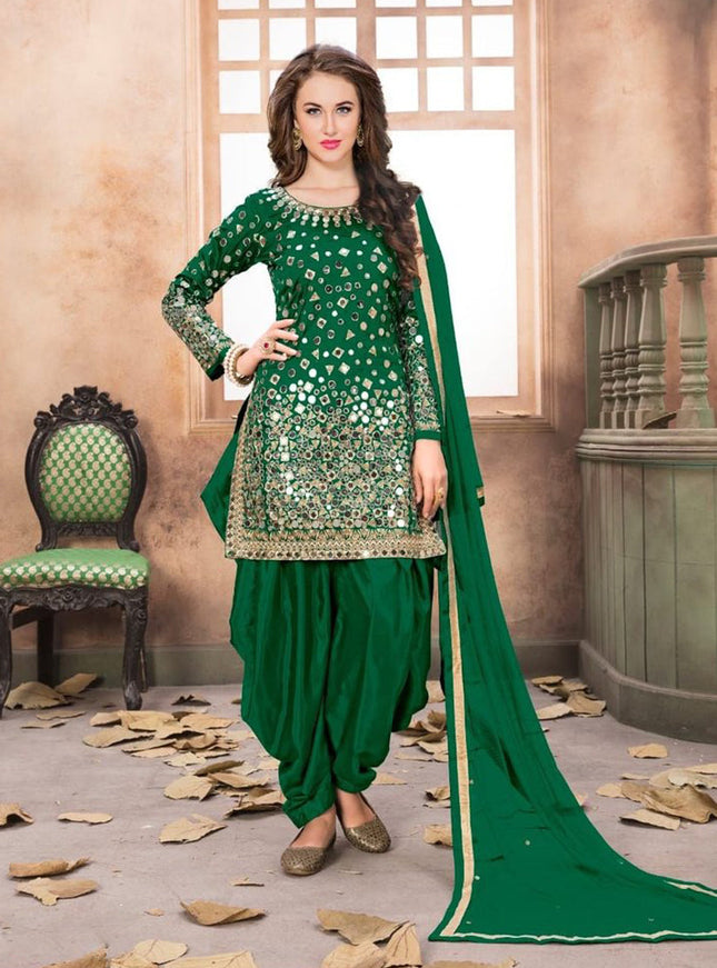 Bottle Green Mirror Work Patiala Suit