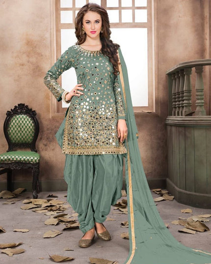 Teal Grey Mirror Work Patiala Suit