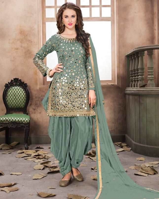 Teal Grey Mirror Work Patiala Suit