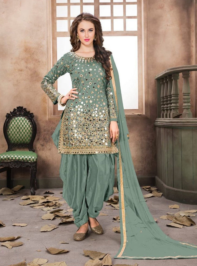 Teal Grey Mirror Work Patiala Suit