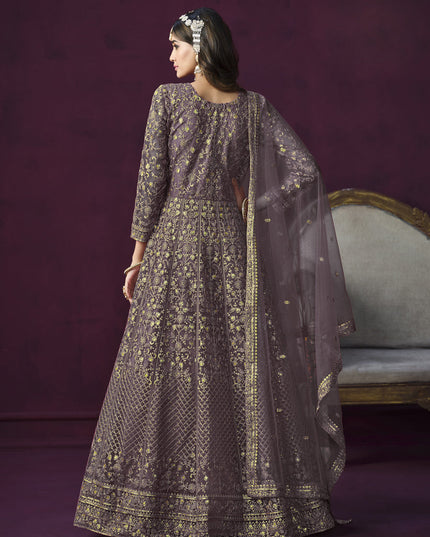 Mauve Net Embroidered Designer Anarkali Suit for Wedding