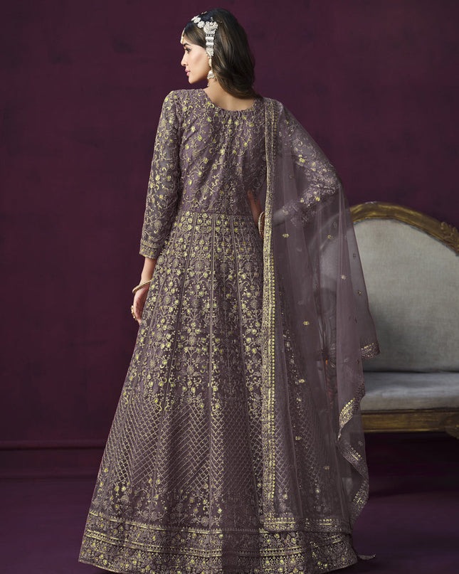 Mauve Net Embroidered Designer Anarkali Suit for Wedding