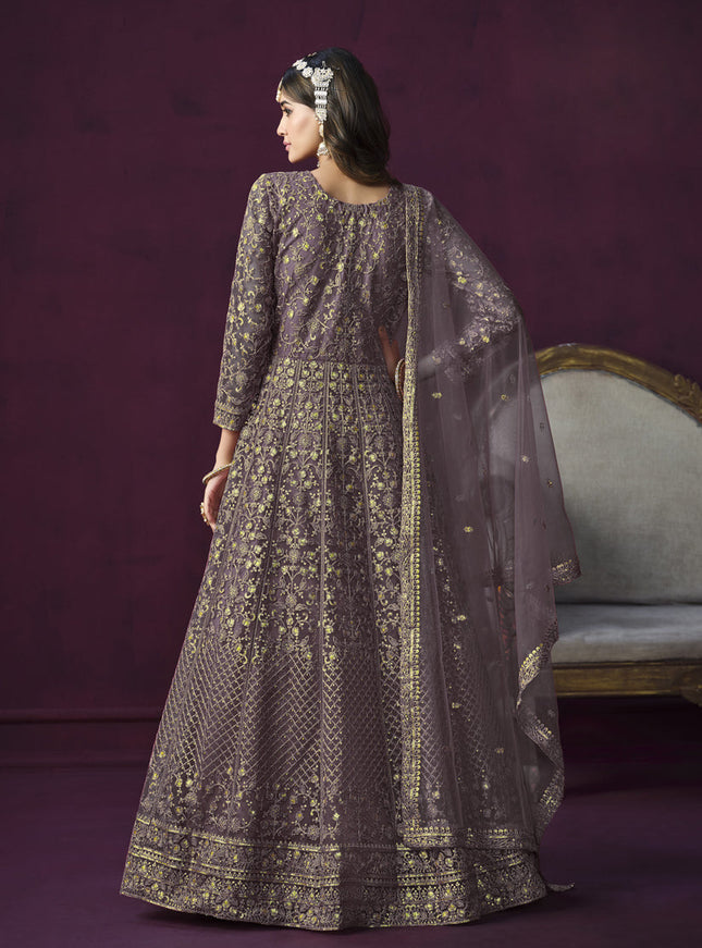 Mauve Net Embroidered Designer Anarkali Suit for Wedding