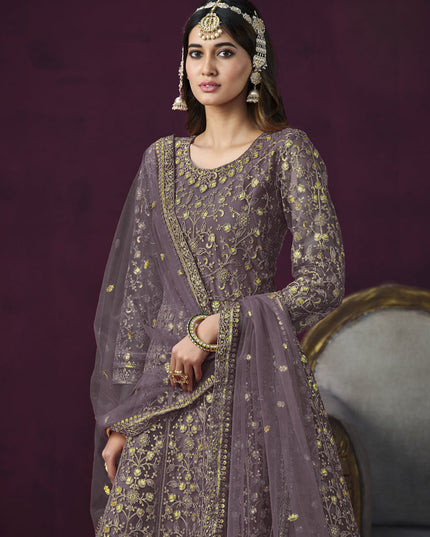 Mauve Net Embroidered Designer Anarkali Suit for Wedding