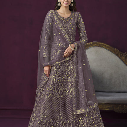 Mauve Net Embroidered Designer Anarkali Suit for Wedding