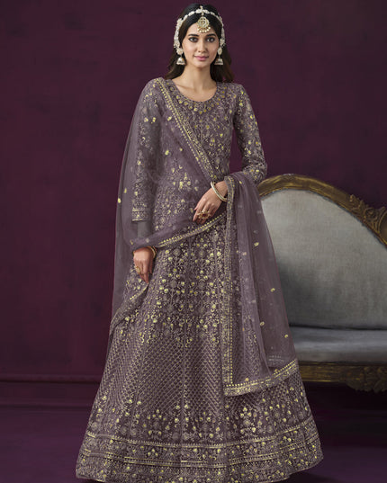 Mauve Net Embroidered Designer Anarkali Suit for Wedding