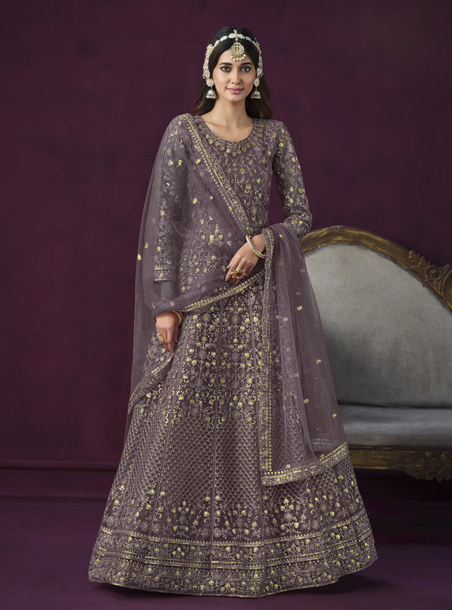 Mauve Net Embroidered Designer Anarkali Suit for Wedding