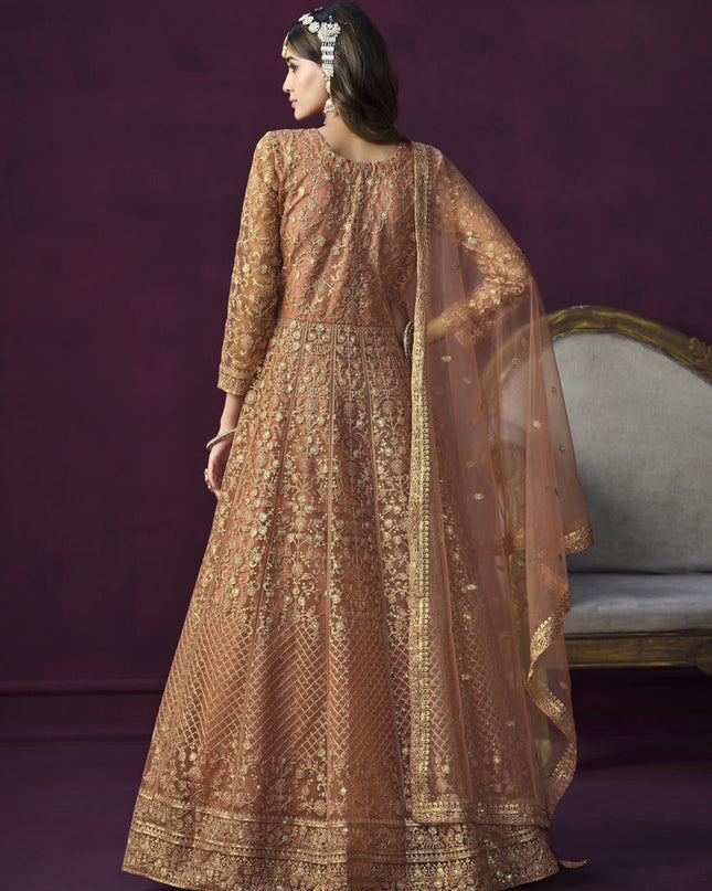 Peach Net Embroidered Designer Anarkali Suit for Wedding