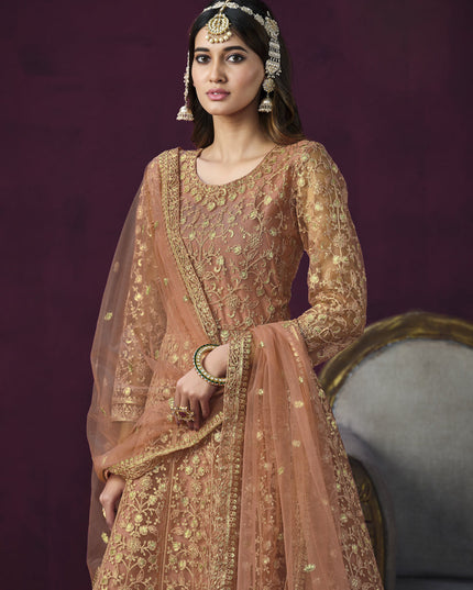 Peach Net Embroidered Designer Anarkali Suit for Wedding
