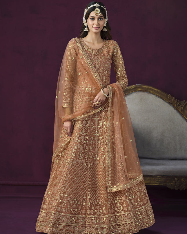 Peach Net Embroidered Designer Anarkali Suit for Wedding