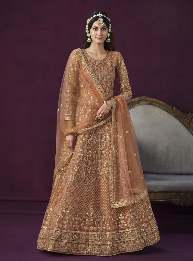 Peach Net Embroidered Designer Anarkali Suit for Wedding