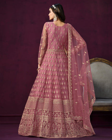 Old Rose Pink Net Embroidered Anarkali Dress