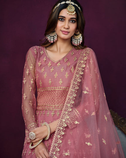 Old Rose Pink Net Embroidered Anarkali Dress
