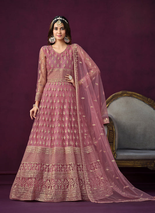 Old Rose Pink Net Embroidered Anarkali Dress