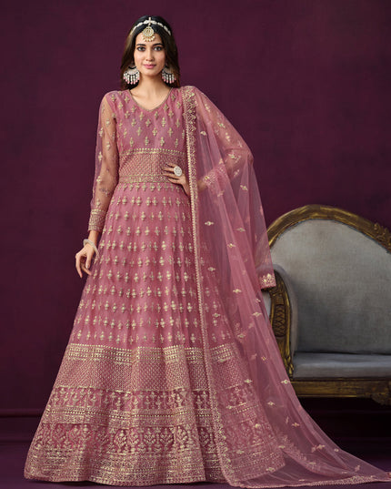 Old Rose Pink Net Embroidered Anarkali Dress