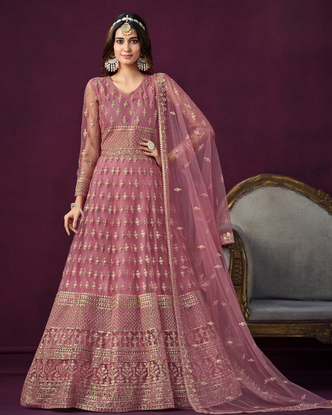 Old Rose Pink Net Embroidered Anarkali Dress