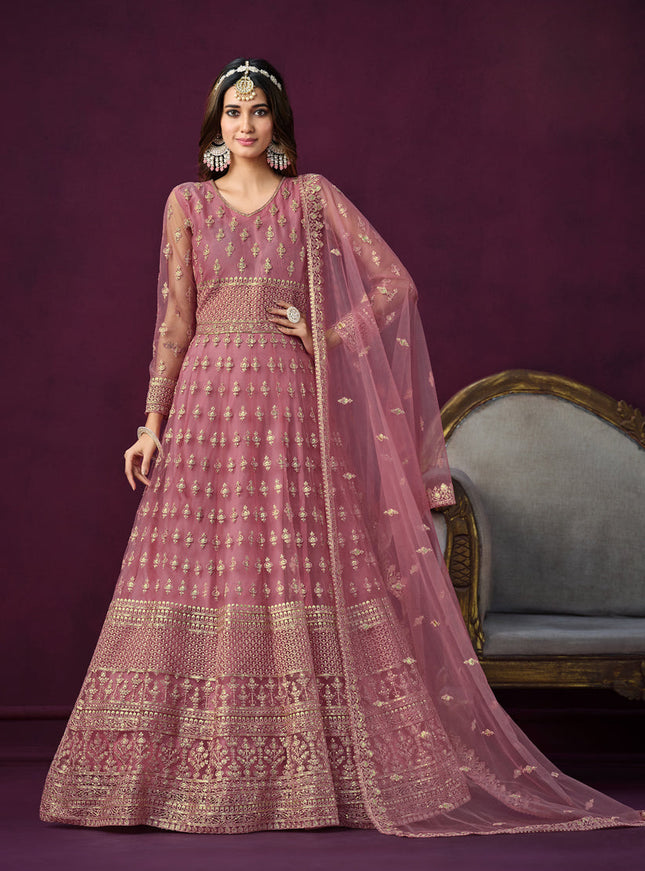 Old Rose Pink Net Embroidered Anarkali Dress