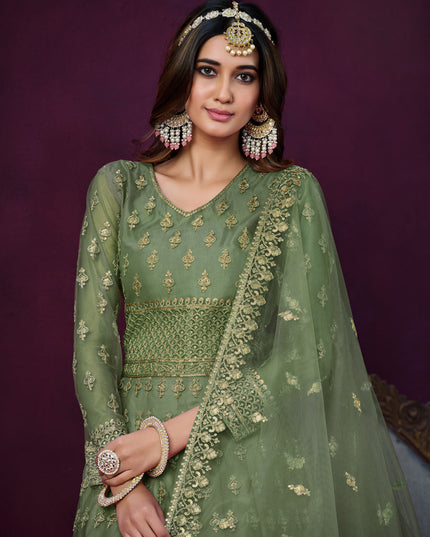 Sage Green Net Embroidered Anarkali Dress